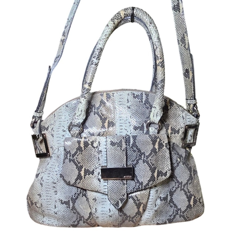 La Victoire Snakeskin Embossed AUSTIN Leather Satchel Handbag Gray Black Taupe